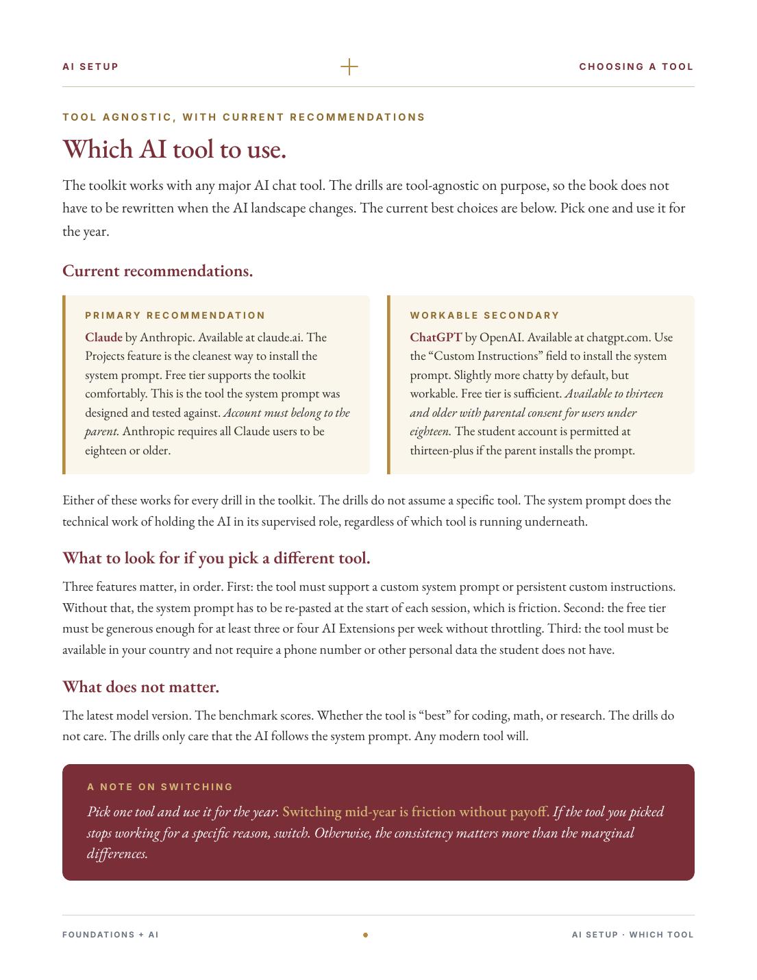 A page from the AI Setup chapter discussing which AI tool to use.